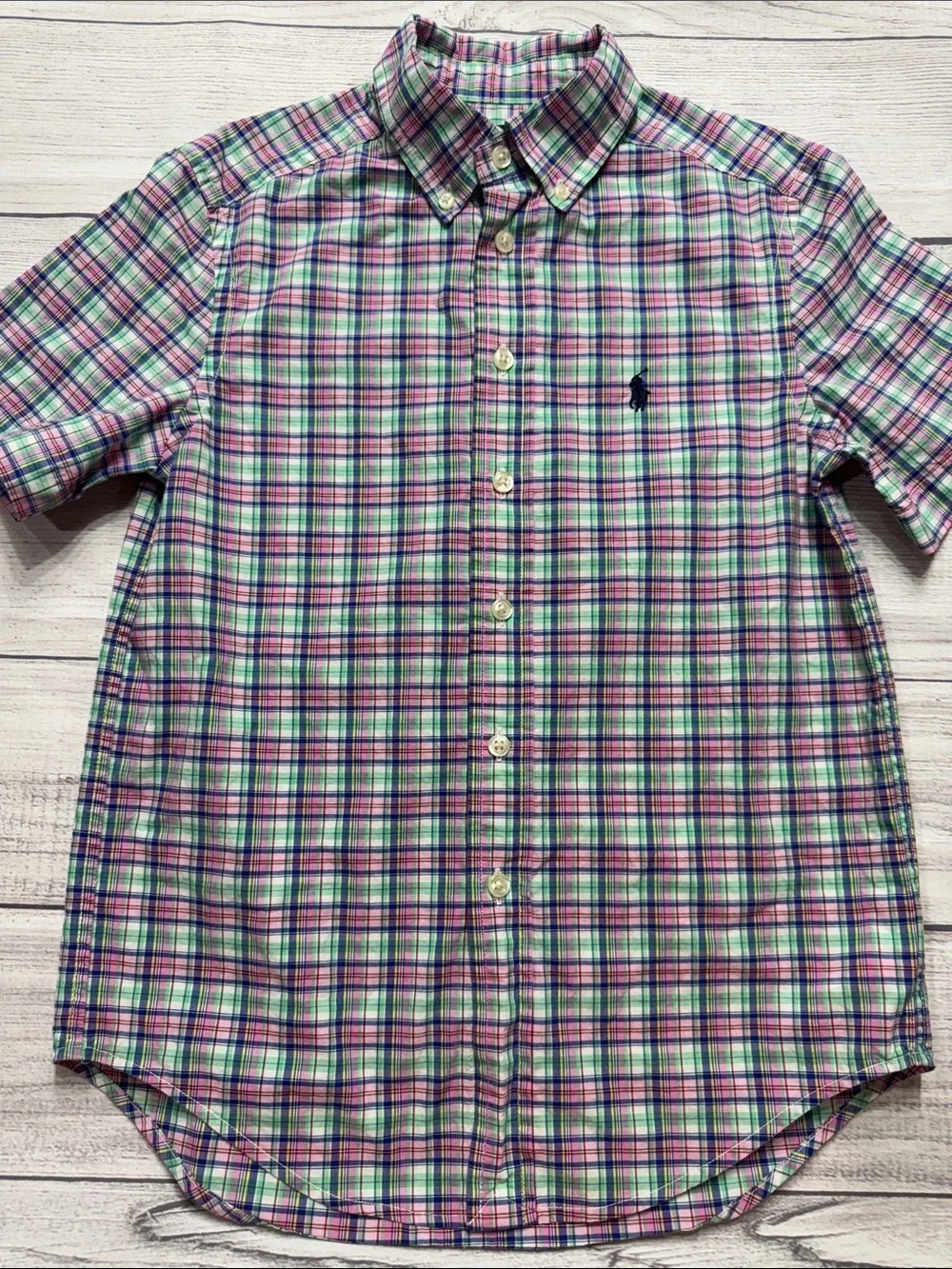 Ralph Lauren Boys Short-Sleeve Plaid Button-Down in Pink, Green, Blue, & White